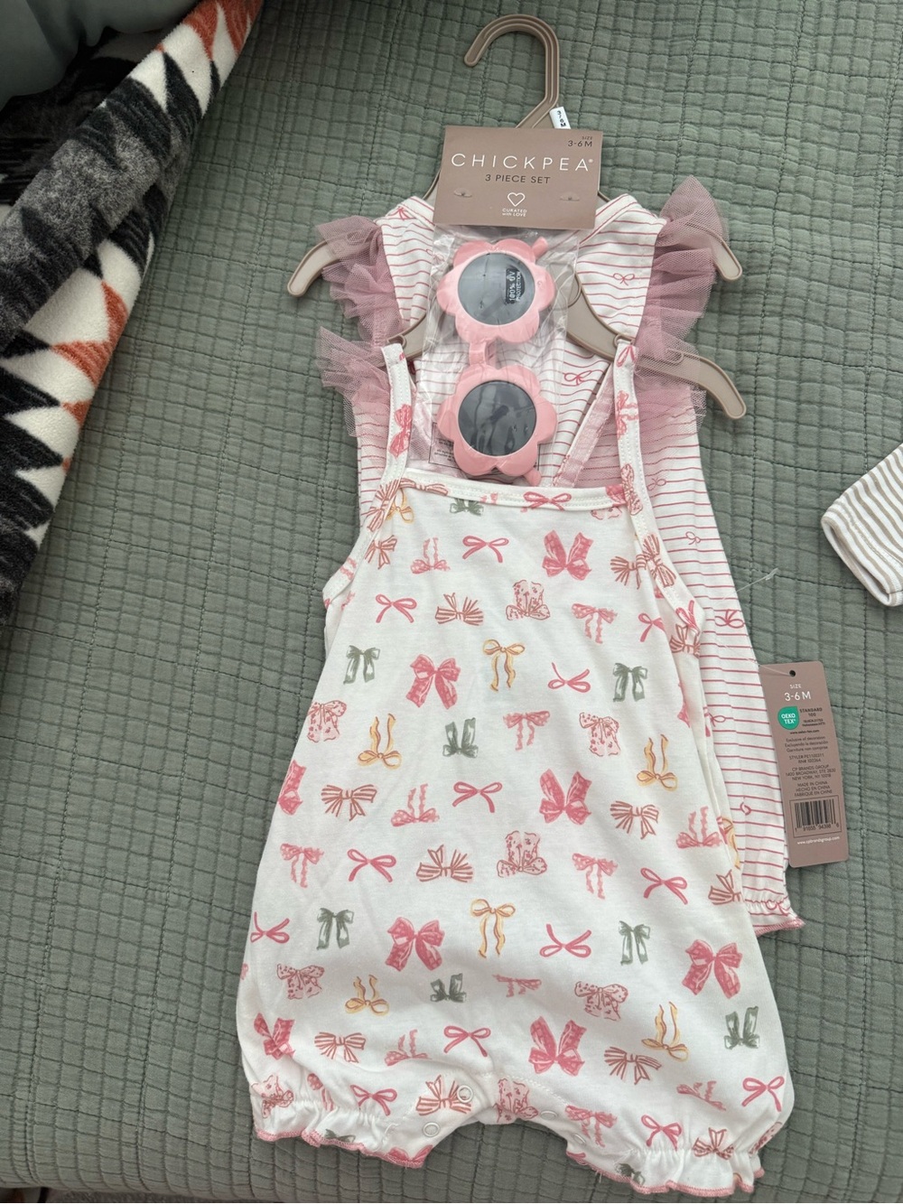 Pink Bow-Print Baby rompers with matching sunglasses- 3 Piece Set